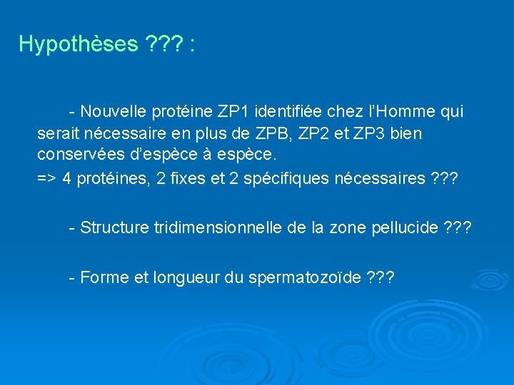 Hypothèses ? ? ? : - Nouvelle protéine ZP 1 identifiée chez l’Homme qui