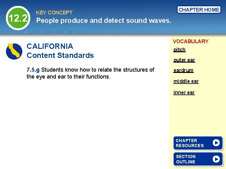 12. 2 KEY CONCEPT CHAPTER HOME People produce and detect sound waves. CALIFORNIA Content