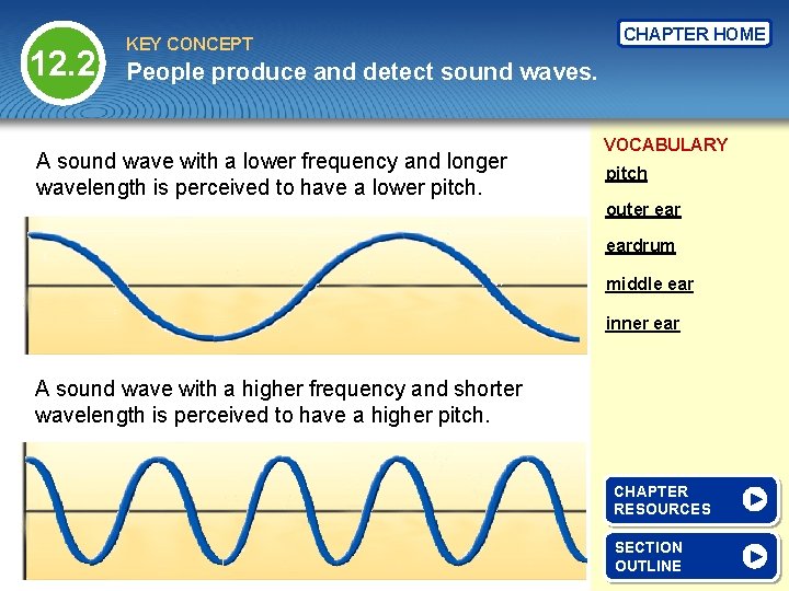 12. 2 KEY CONCEPT CHAPTER HOME People produce and detect sound waves. A sound
