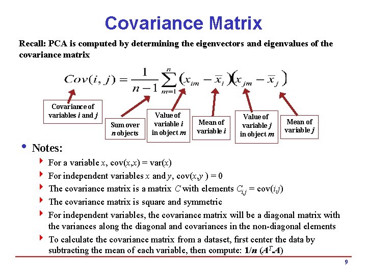 Covariance Matrix Recall: PCA is computed by determining the eigenvectors and eigenvalues of the Covariance Matrix Recall: PCA is computed by determining the eigenvectors and eigenvalues of the