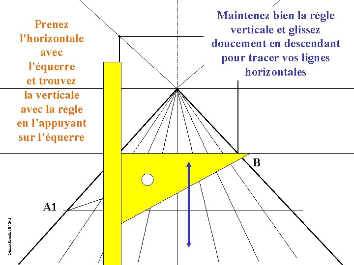 Prenez l’horizontale avec l’équerre et trouvez la verticale avec la règle en l’appuyant sur