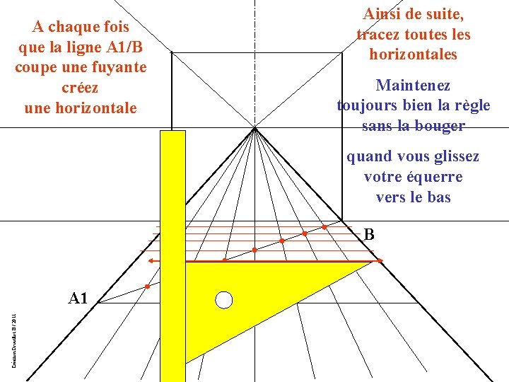 A chaque fois que la ligne A 1/B coupe une fuyante créez une horizontale