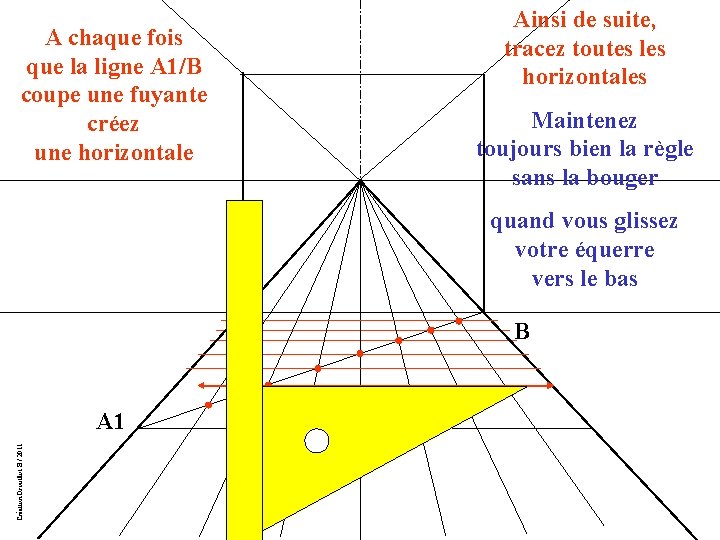 A chaque fois que la ligne A 1/B coupe une fuyante créez une horizontale