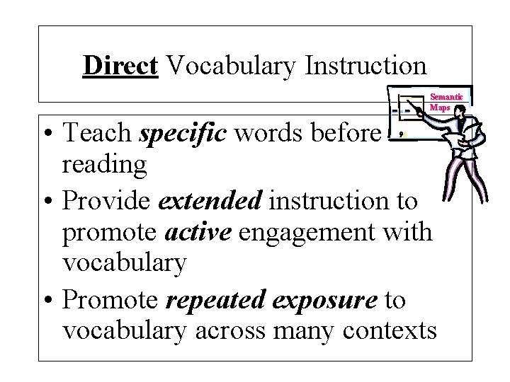 Direct Vocabulary Instruction Semantic Maps • Teach specific words before reading • Provide extended