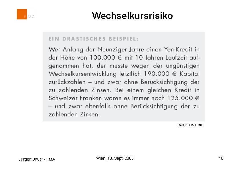 Wechselkursrisiko Quelle: FMA; Oe. NB Jürgen Bauer - FMA Wien, 13. Sept. 2006 10