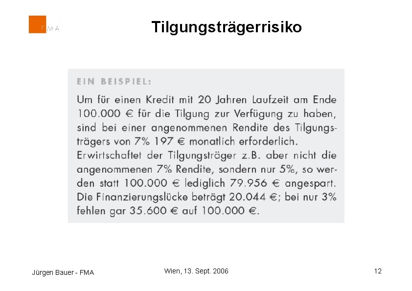 Tilgungsträgerrisiko Jürgen Bauer - FMA Wien, 13. Sept. 2006 12 