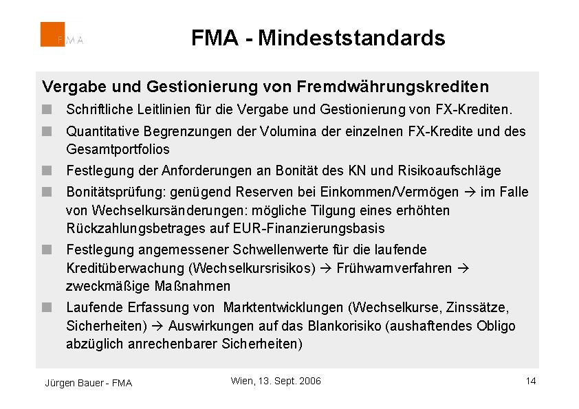 FMA - Mindeststandards Vergabe und Gestionierung von Fremdwährungskrediten Schriftliche Leitlinien für die Vergabe und