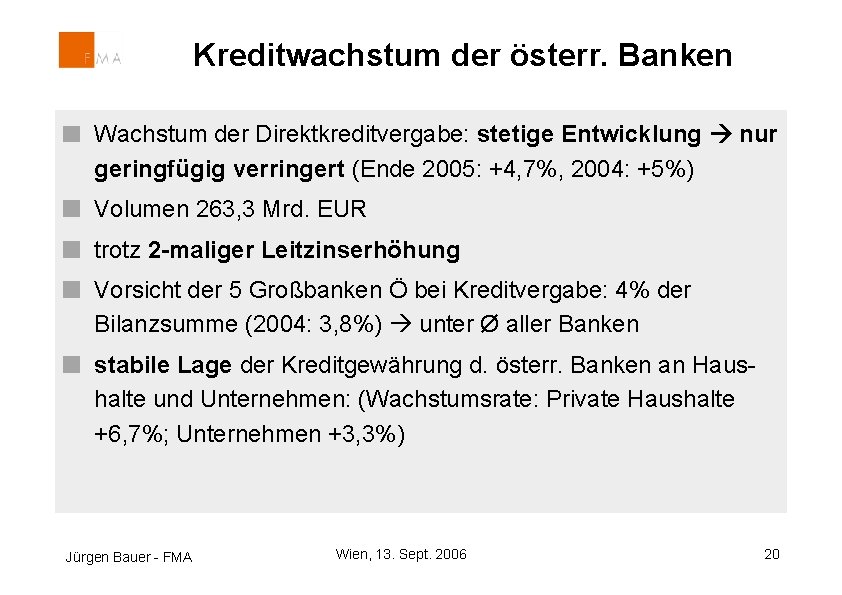 Kreditwachstum der österr. Banken Wachstum der Direktkreditvergabe: stetige Entwicklung nur geringfügig verringert (Ende 2005: