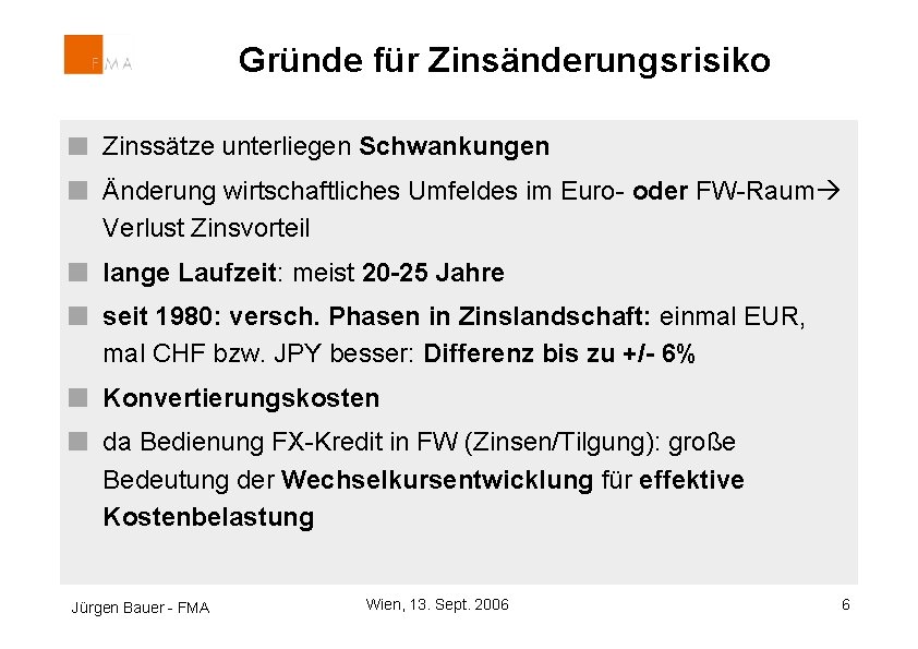 Gründe für Zinsänderungsrisiko Zinssätze unterliegen Schwankungen Änderung wirtschaftliches Umfeldes im Euro- oder FW-Raum Verlust