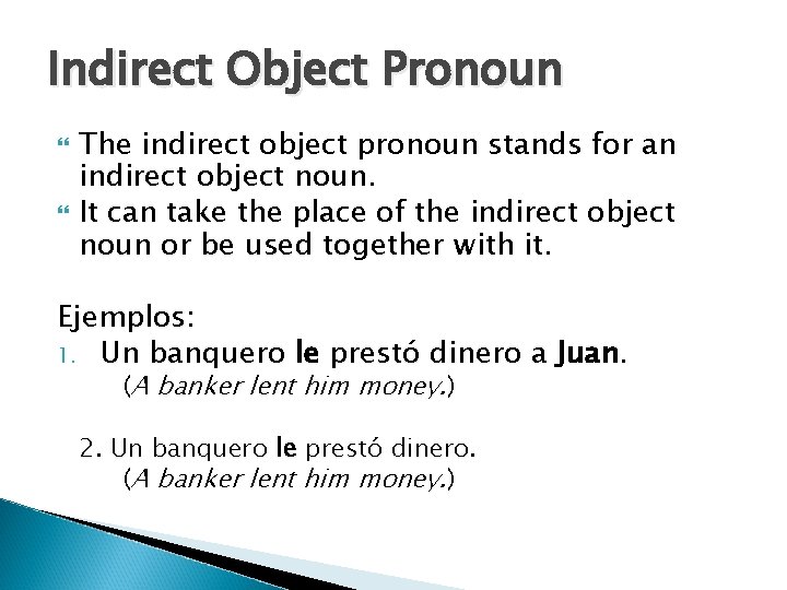 Indirect Object Pronoun The indirect object pronoun stands for an indirect object noun. It