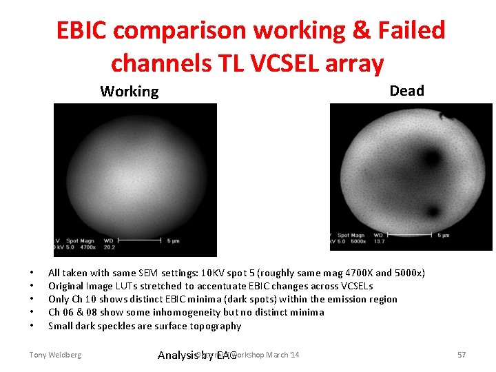 EBIC comparison working & Failed channels TL VCSEL array Working • • • Dead