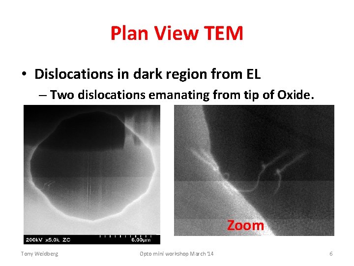 Plan View TEM • Dislocations in dark region from EL – Two dislocations emanating