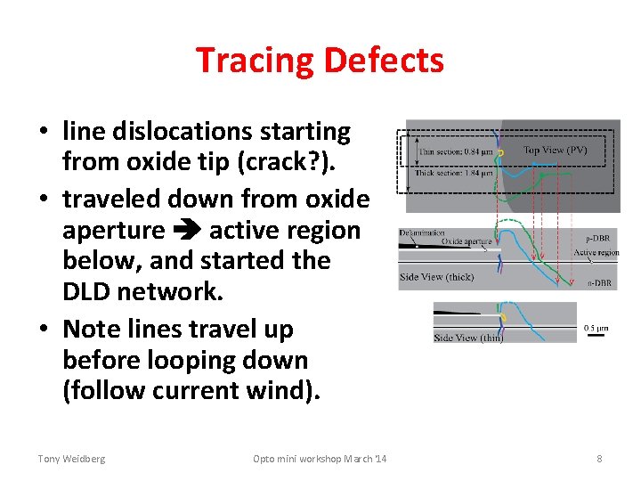 Tracing Defects • line dislocations starting from oxide tip (crack? ). • traveled down
