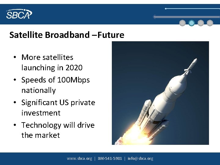 Satellite Broadband –Future • More satellites launching in 2020 • Speeds of 100 Mbps