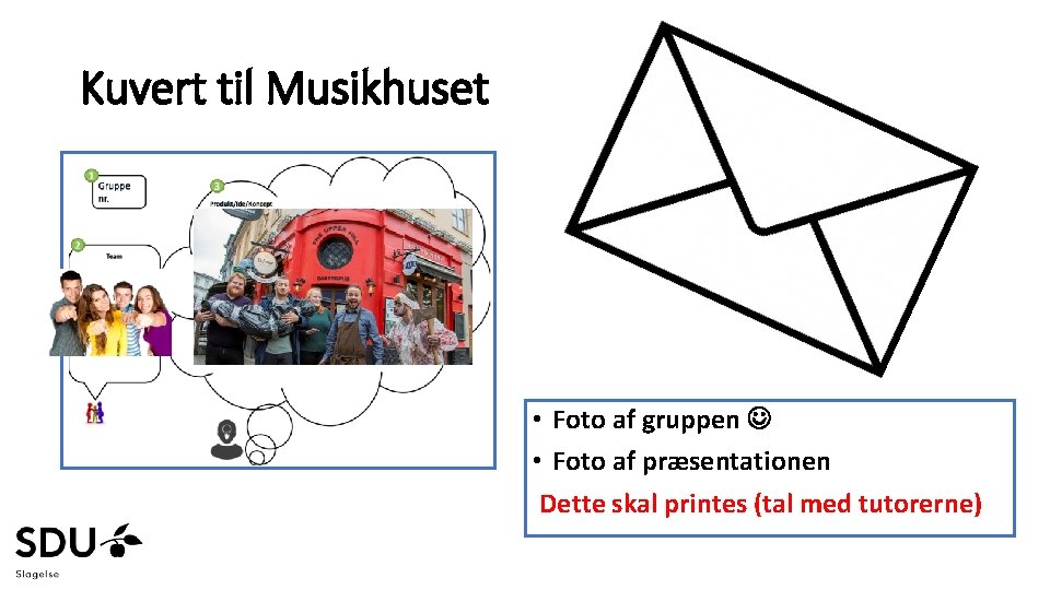 Kuvert til Musikhuset • Foto af gruppen • Foto af præsentationen Dette skal printes