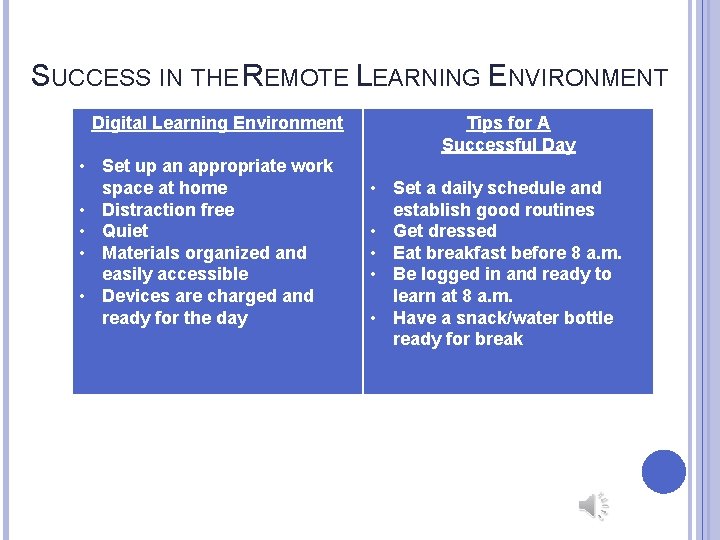 SUCCESS IN THE REMOTE LEARNING ENVIRONMENT Digital Learning Environment • Set up an appropriate