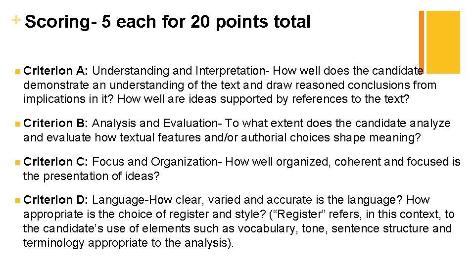 + Scoring- 5 each for 20 points total n Criterion A: Understanding and Interpretation-