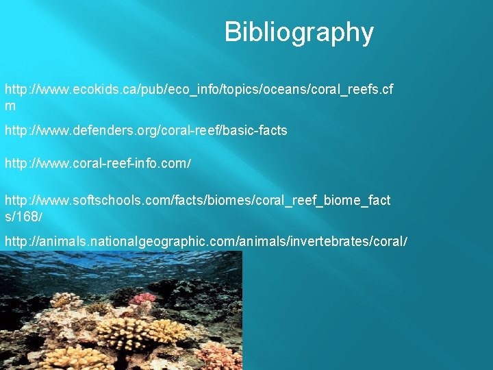  Bibliography http: //www. ecokids. ca/pub/eco_info/topics/oceans/coral_reefs. cf m http: //www. defenders. org/coral-reef/basic-facts http: //www.