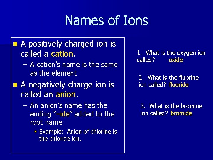 Names of Ions n A positively charged ion is called a cation. – A