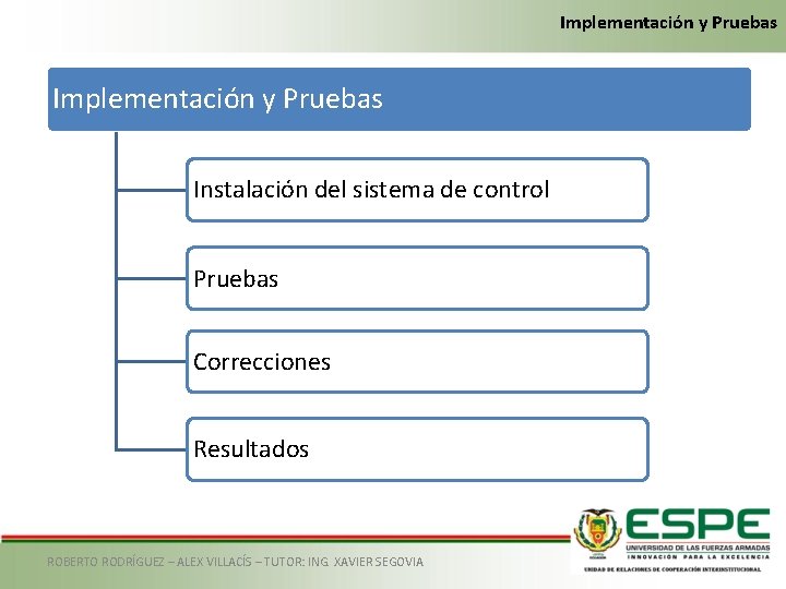 Implementación y Pruebas Instalación del sistema de control Pruebas Correcciones Resultados ROBERTO RODRÍGUEZ –
