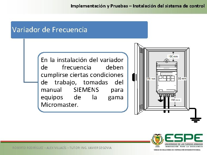 Implementación y Pruebas – Instalación del sistema de control Variador de Frecuencia En la
