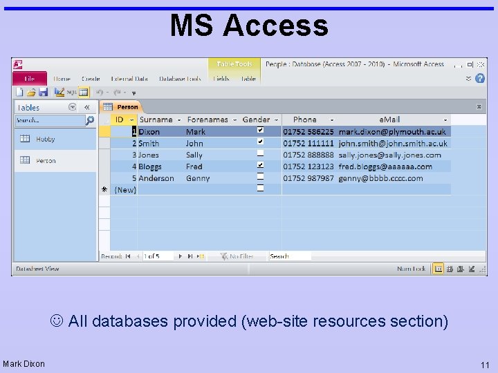 MS Access All databases provided (web-site resources section) Mark Dixon 11 MS Access All databases provided (web-site resources section) Mark Dixon 11