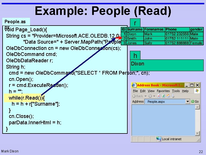 Example: People (Read) People. as px r void Page_Load(){ String cs = "Provider=Microsoft. ACE.