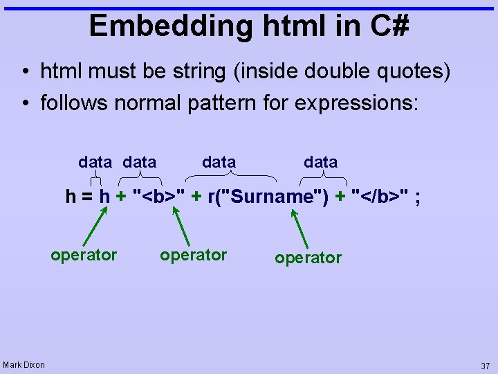 Embedding html in C# • html must be string (inside double quotes) • follows