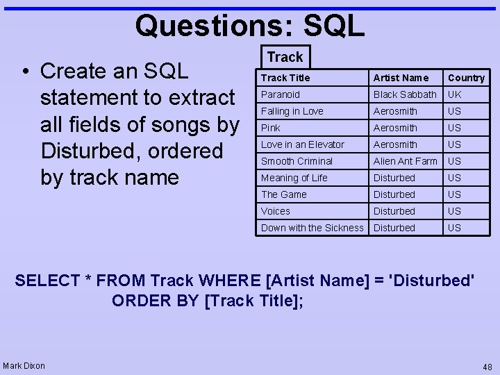 Questions: SQL • Create an SQL statement to extract all fields of songs by Questions: SQL • Create an SQL statement to extract all fields of songs by