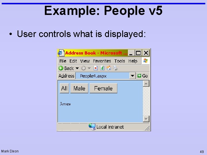 Example: People v 5 • User controls what is displayed: Mark Dixon 49 