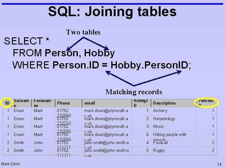 SQL: Joining tables Two tables SELECT * FROM Person, Hobby WHERE Person. ID = SQL: Joining tables Two tables SELECT * FROM Person, Hobby WHERE Person. ID =