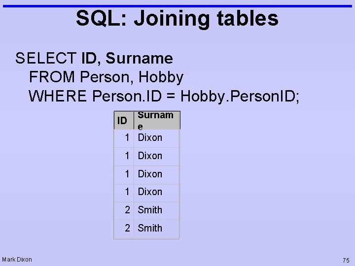 SQL: Joining tables SELECT ID, Surname FROM Person, Hobby WHERE Person. ID = Hobby. SQL: Joining tables SELECT ID, Surname FROM Person, Hobby WHERE Person. ID = Hobby.