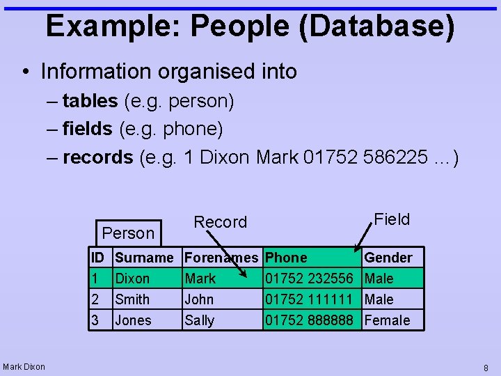 Example: People (Database) • Information organised into – tables (e. g. person) – fields Example: People (Database) • Information organised into – tables (e. g. person) – fields