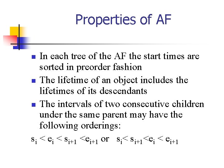 Properties of AF In each tree of the AF the start times are sorted