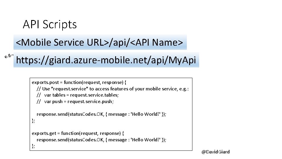 API Scripts <Mobile Service URL>/api/<API Name>. , e. g https: //giard. azure-mobile. net/api/My. Api API Scripts <Mobile Service URL>/api/<API Name>. , e. g https: //giard. azure-mobile. net/api/My. Api