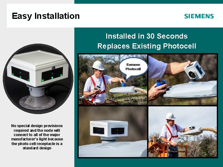 Easy Installation Agenda Installed in 30 Seconds Replaces Existing Photocell Remove Photocell No special Easy Installation Agenda Installed in 30 Seconds Replaces Existing Photocell Remove Photocell No special