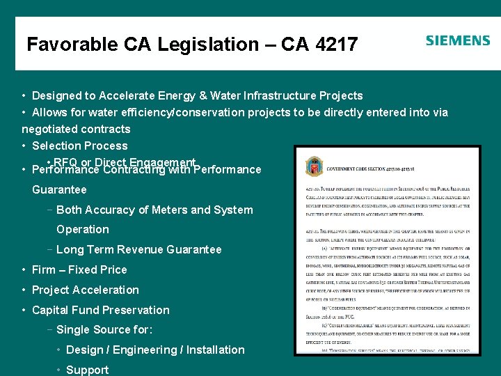 Favorable CA Legislation – CA 4217 Agenda • Designed to Accelerate Energy & Water Favorable CA Legislation – CA 4217 Agenda • Designed to Accelerate Energy & Water