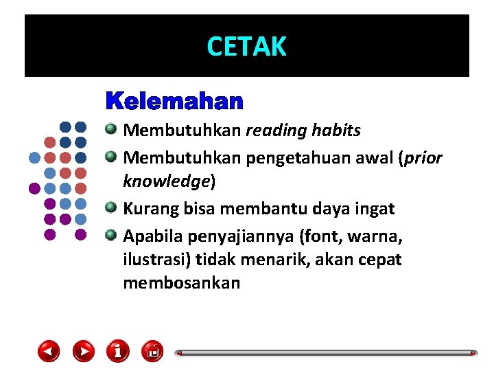 CETAK Membutuhkan reading habits Membutuhkan pengetahuan awal (prior knowledge) Kurang bisa membantu daya ingat