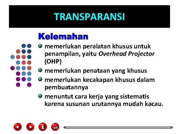 TRANSPARANSI memerlukan peralatan khusus untuk penampilan, yaitu Overhead Projector (OHP) memerlukan penataan yang khusus