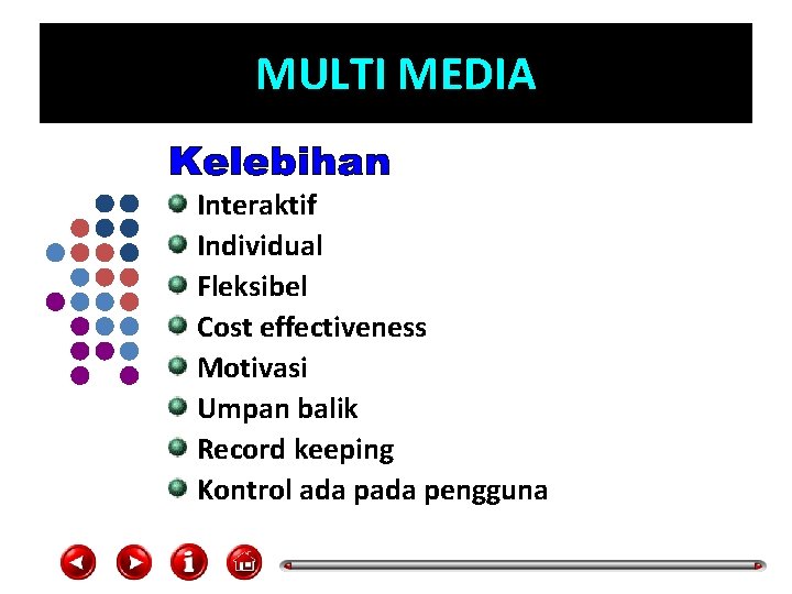 MULTI MEDIA Interaktif Individual Fleksibel Cost effectiveness Motivasi Umpan balik Record keeping Kontrol ada