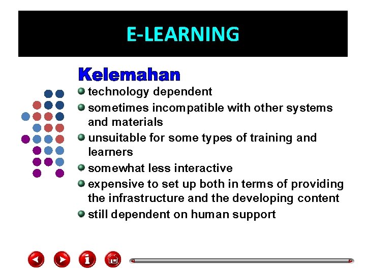 E-LEARNING technology dependent sometimes incompatible with other systems and materials unsuitable for some types