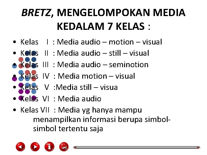 BRETZ, MENGELOMPOKAN MEDIA KEDALAM 7 KELAS : • • Kelas I : Media audio