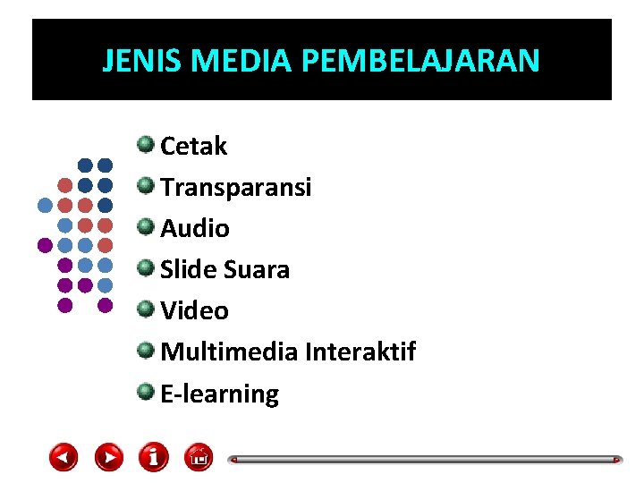 JENIS MEDIA PEMBELAJARAN Cetak Transparansi Audio Slide Suara Video Multimedia Interaktif E-learning 