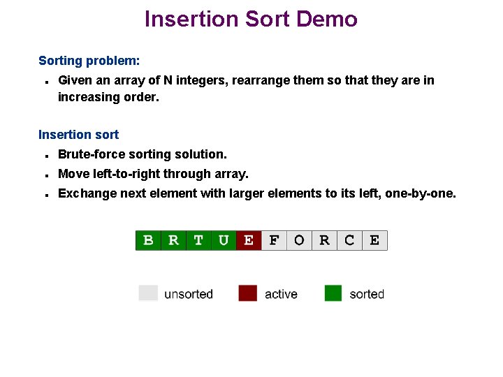 Insertion Sort Demo Sorting problem: n Given an array of N integers, rearrange them