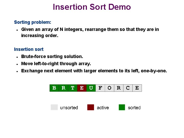 Insertion Sort Demo Sorting problem: n Given an array of N integers, rearrange them