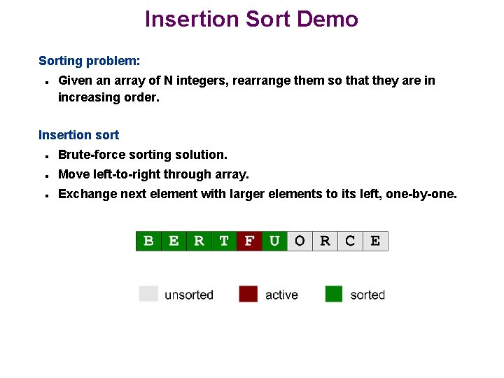 Insertion Sort Demo Sorting problem: n Given an array of N integers, rearrange them