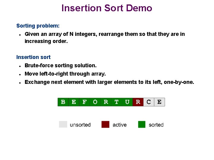 Insertion Sort Demo Sorting problem: n Given an array of N integers, rearrange them