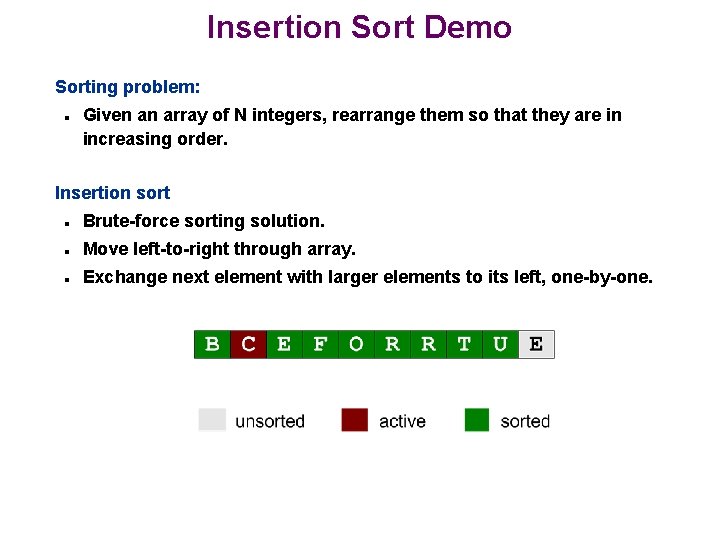 Insertion Sort Demo Sorting problem: n Given an array of N integers, rearrange them