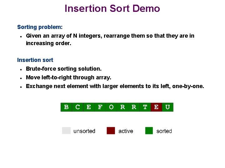 Insertion Sort Demo Sorting problem: n Given an array of N integers, rearrange them