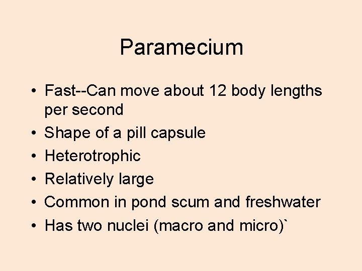 Paramecium • Fast--Can move about 12 body lengths per second • Shape of a